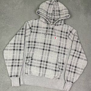 Champion Gray Plaid Pullover Hoodie with Small Logo. reverse weave.